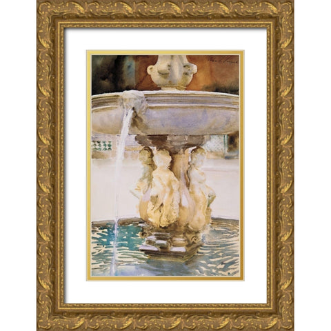 Spanish Fountain Gold Ornate Wood Framed Art Print with Double Matting by Sargent, John Singer