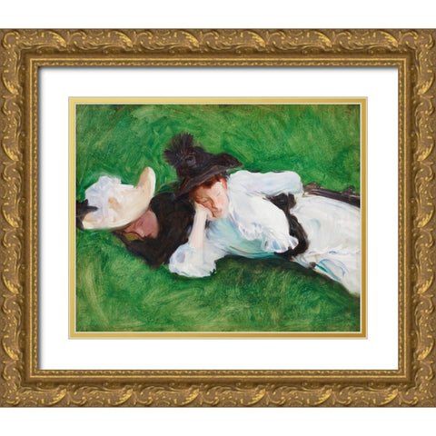 Two Girls on a Lawn Gold Ornate Wood Framed Art Print with Double Matting by Sargent, John Singer