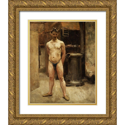 A Male Model Standing before a Stove Gold Ornate Wood Framed Art Print with Double Matting by Sargent, John Singer