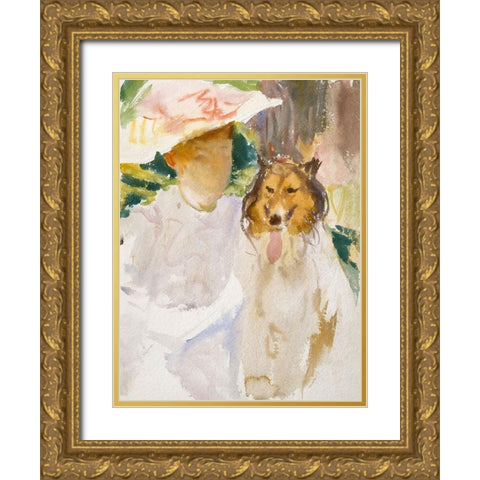Woman with Collie Gold Ornate Wood Framed Art Print with Double Matting by Sargent, John Singer