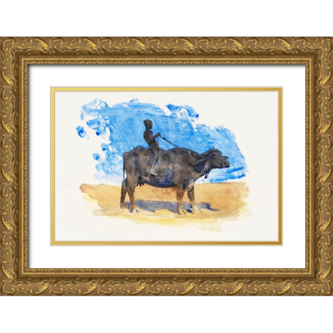 Boy on Water Buffalo Gold Ornate Wood Framed Art Print with Double Matting by Sargent, John Singer
