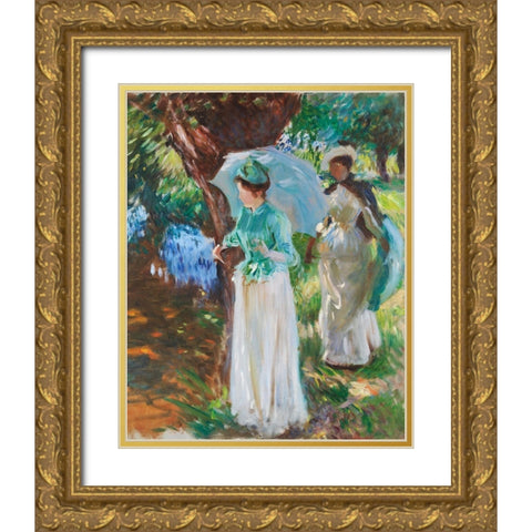 Two Girls with Parasols Gold Ornate Wood Framed Art Print with Double Matting by Sargent, John Singer