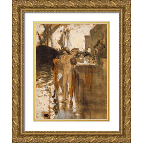 The Balcony-Spain and Two Nude Bathers Standing on a Wharf Gold Ornate Wood Framed Art Print with Double Matting by Sargent, John Singer