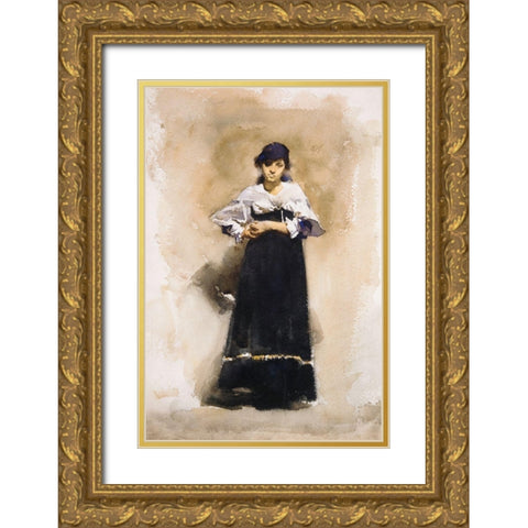 Young Woman with a Black Skirt Gold Ornate Wood Framed Art Print with Double Matting by Sargent, John Singer