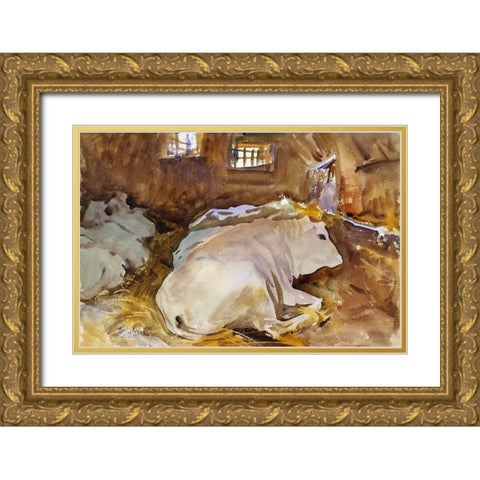 Oxen Gold Ornate Wood Framed Art Print with Double Matting by Sargent, John Singer