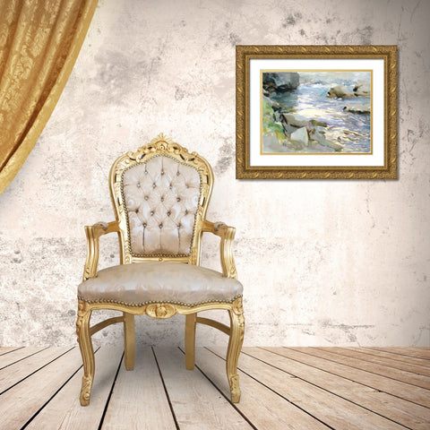 Stream and Rocks Gold Ornate Wood Framed Art Print with Double Matting by Sargent, John Singer