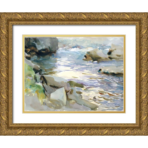 Stream and Rocks Gold Ornate Wood Framed Art Print with Double Matting by Sargent, John Singer