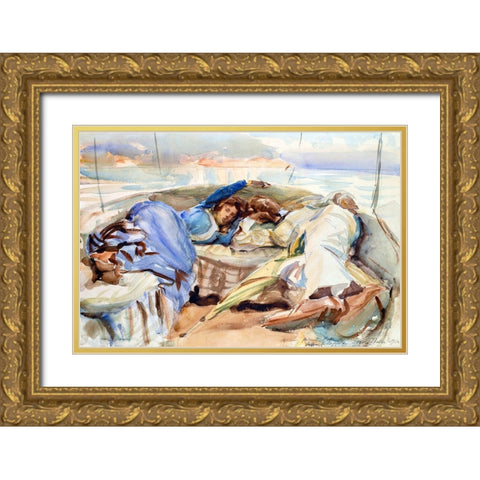 Two Figures in a Boat-Isola Bella-Italy Gold Ornate Wood Framed Art Print with Double Matting by Sargent, John Singer