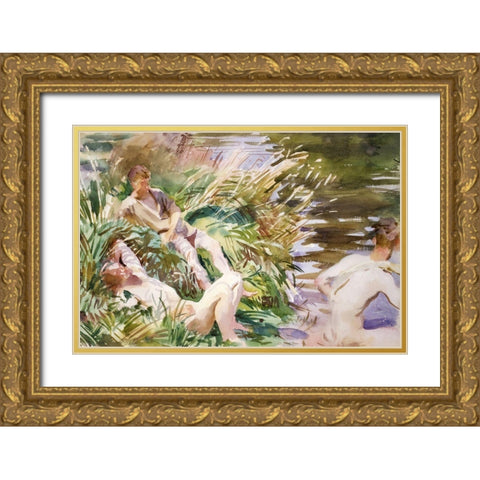 Tommies Bathing Gold Ornate Wood Framed Art Print with Double Matting by Sargent, John Singer