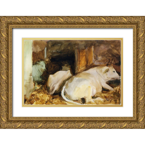 Three Oxen Gold Ornate Wood Framed Art Print with Double Matting by Sargent, John Singer