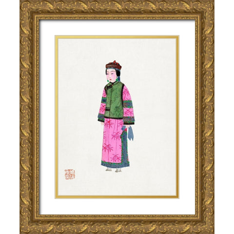 Lady in dress with winter hat Gold Ornate Wood Framed Art Print with Double Matting by Vintage Chinese Clothing