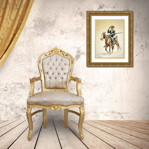 A Mounted Infantryman Gold Ornate Wood Framed Art Print with Double Matting by Remington, Frederic