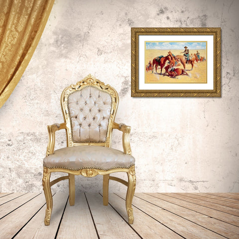 Among the Led Horses Gold Ornate Wood Framed Art Print with Double Matting by Remington, Frederic