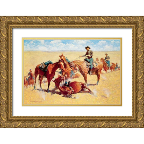 Among the Led Horses Gold Ornate Wood Framed Art Print with Double Matting by Remington, Frederic