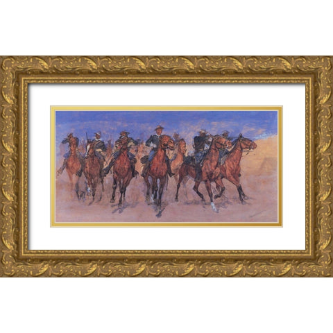 Captain Dodges Colored Troopers to the Rescue Gold Ornate Wood Framed Art Print with Double Matting by Remington, Frederic