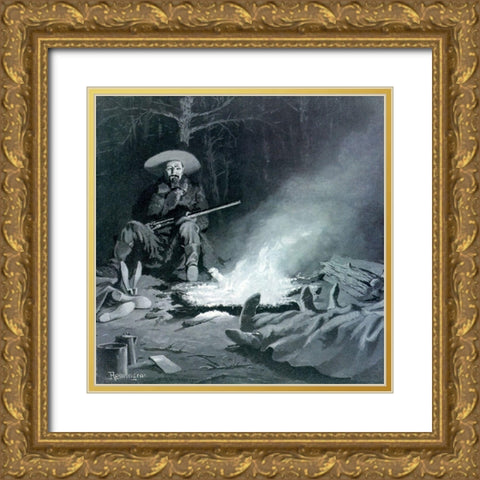 On Guard at Night Gold Ornate Wood Framed Art Print with Double Matting by Remington, Frederic