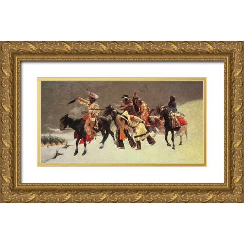 Return of the Blackfoot War Party Gold Ornate Wood Framed Art Print with Double Matting by Remington, Frederic