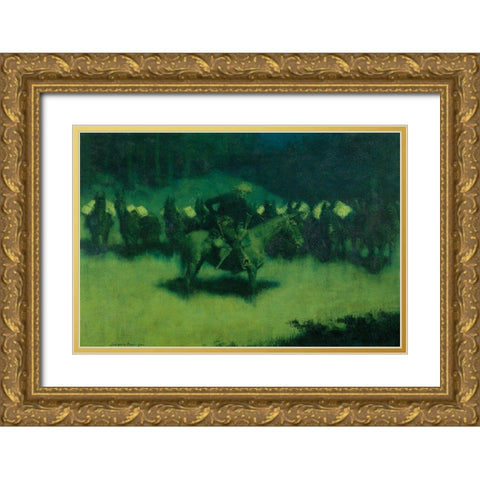Scare in a Pack Train Gold Ornate Wood Framed Art Print with Double Matting by Remington, Frederic