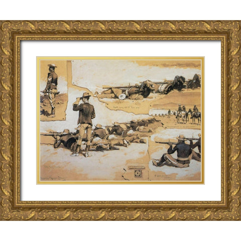 Skirmish Line - Target Practice 1889 Gold Ornate Wood Framed Art Print with Double Matting by Remington, Frederic
