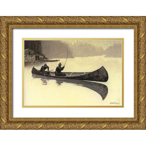 Trout Fishing in Canada Gold Ornate Wood Framed Art Print with Double Matting by Remington, Frederic
