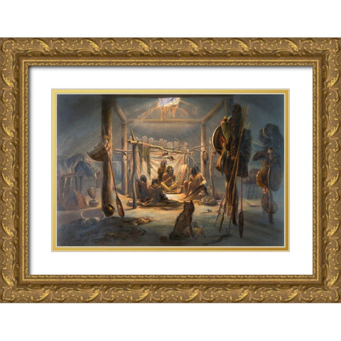 The Interior of the Hut of a Mandan Chief Gold Ornate Wood Framed Art Print with Double Matting by Bodmer, Karl