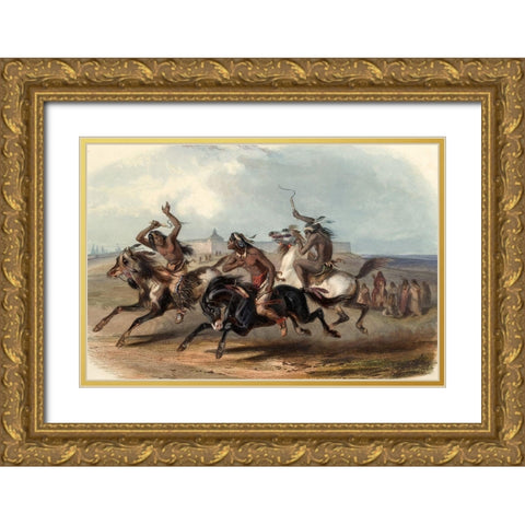 Horse racing of the Sioux indians Gold Ornate Wood Framed Art Print with Double Matting by Bodmer, Karl