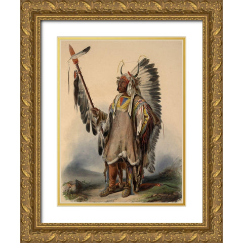A Mandan Indian Chief Gold Ornate Wood Framed Art Print with Double Matting by Bodmer, Karl