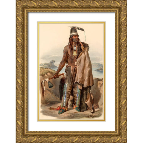 A Minatarre Indian Chief Gold Ornate Wood Framed Art Print with Double Matting by Bodmer, Karl