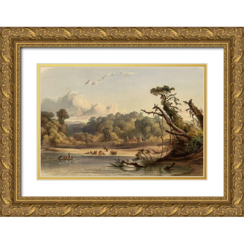 Punca Indians encamped on the banks of the Missouri Gold Ornate Wood Framed Art Print with Double Matting by Bodmer, Karl