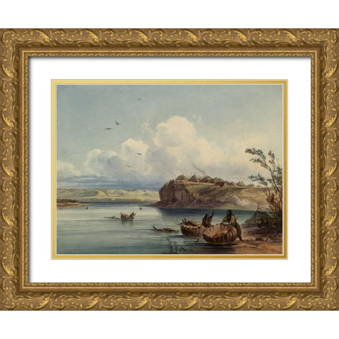 A Mandan village Gold Ornate Wood Framed Art Print with Double Matting by Bodmer, Karl