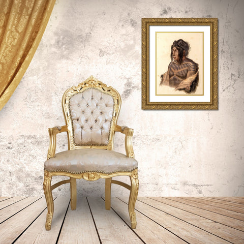 Mahsette Kuiuab Chief of the Cree indians Gold Ornate Wood Framed Art Print with Double Matting by Bodmer, Karl