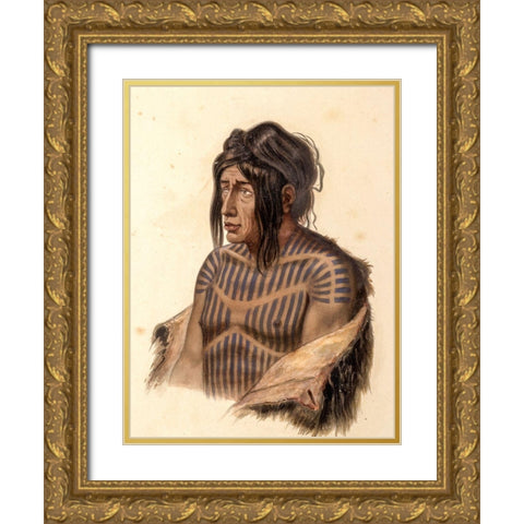 Mahsette Kuiuab Chief of the Cree indians Gold Ornate Wood Framed Art Print with Double Matting by Bodmer, Karl