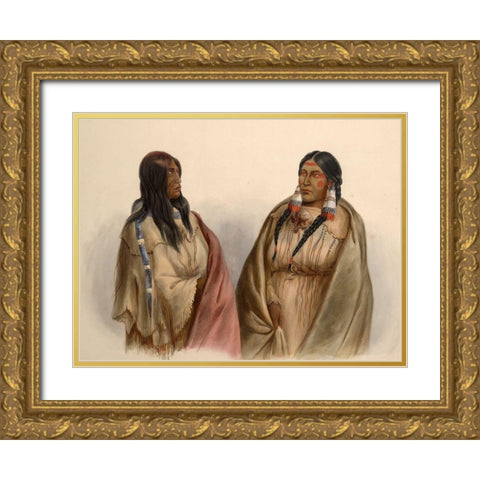 Woman of the Snake tribe and woman of the Cree tribe Gold Ornate Wood Framed Art Print with Double Matting by Bodmer, Karl