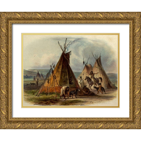 A skin lodge of the Assiniboin Indian chief Gold Ornate Wood Framed Art Print with Double Matting by Bodmer, Karl