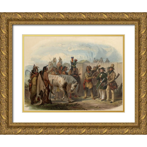 The travellers meeting with Minatarre indians Gold Ornate Wood Framed Art Print with Double Matting by Bodmer, Karl