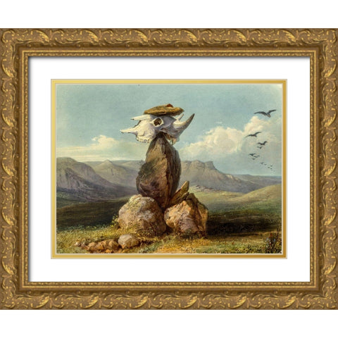 Magic pile erected by the Assiniboin indians Gold Ornate Wood Framed Art Print with Double Matting by Bodmer, Karl