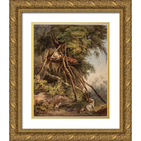 Tombs of Assiniboin indians on trees Gold Ornate Wood Framed Art Print with Double Matting by Bodmer, Karl