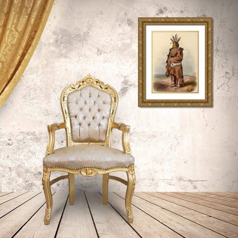 An Arrikara Indian Warrior Gold Ornate Wood Framed Art Print with Double Matting by Bodmer, Karl