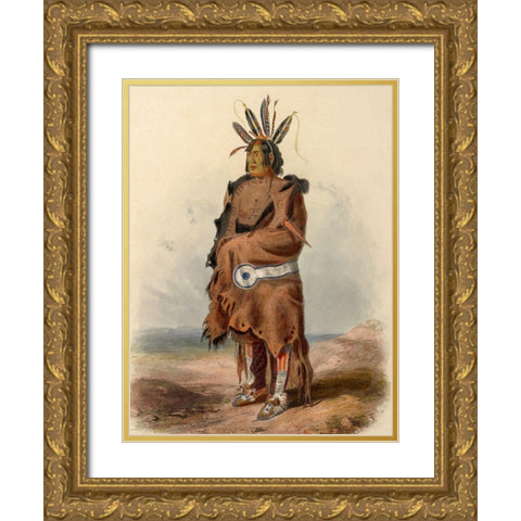An Arrikara Indian Warrior Gold Ornate Wood Framed Art Print with Double Matting by Bodmer, Karl
