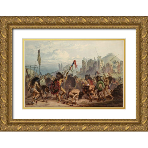 Bison dance of the Mandan indians Gold Ornate Wood Framed Art Print with Double Matting by Bodmer, Karl