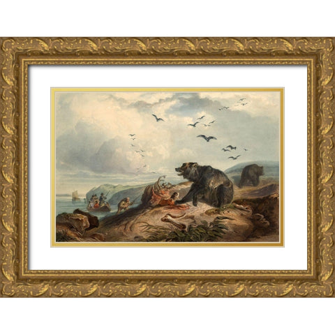 Hunting of the Grizzly Bear Gold Ornate Wood Framed Art Print with Double Matting by Bodmer, Karl