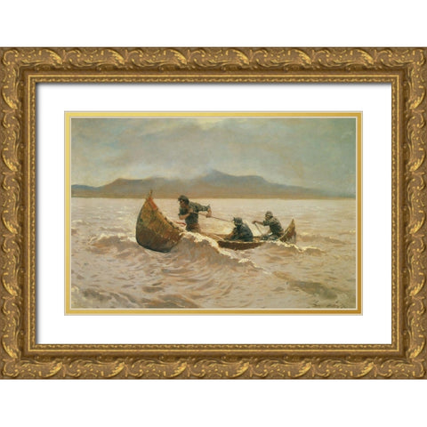 Howl of the Weather Gold Ornate Wood Framed Art Print with Double Matting by Remington, Frederic