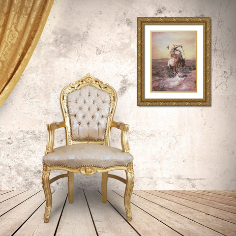 A Slick Rider Gold Ornate Wood Framed Art Print with Double Matting by Russell, Charles Marion