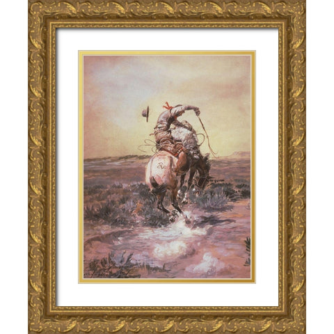 A Slick Rider Gold Ornate Wood Framed Art Print with Double Matting by Russell, Charles Marion