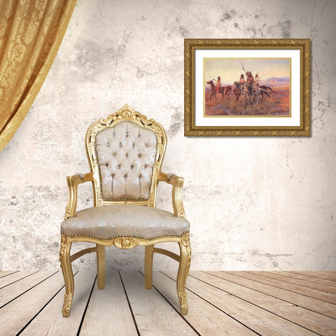 Four Mounted Indians Gold Ornate Wood Framed Art Print with Double Matting by Russell, Charles Marion