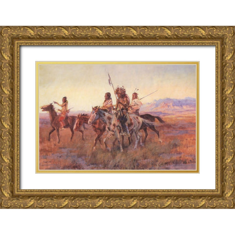 Four Mounted Indians Gold Ornate Wood Framed Art Print with Double Matting by Russell, Charles Marion
