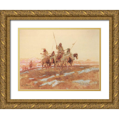 Piegan Hunting Party Gold Ornate Wood Framed Art Print with Double Matting by Russell, Charles Marion