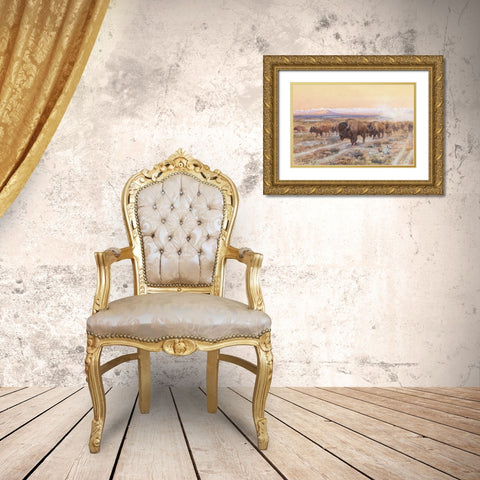 The Bison Trail Gold Ornate Wood Framed Art Print with Double Matting by Russell, Charles Marion