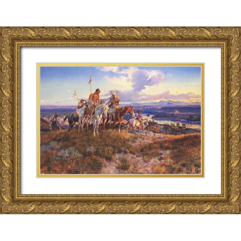 Wagons Gold Ornate Wood Framed Art Print with Double Matting by Russell, Charles Marion