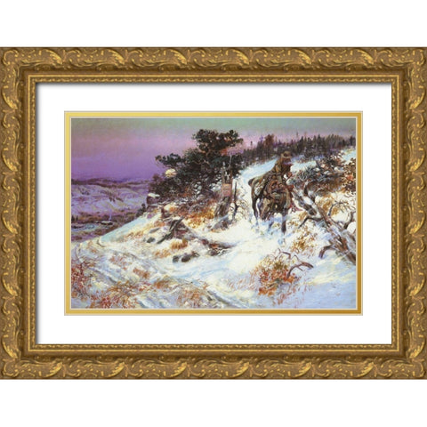 Wolf and Beaver Gold Ornate Wood Framed Art Print with Double Matting by Russell, Charles Marion